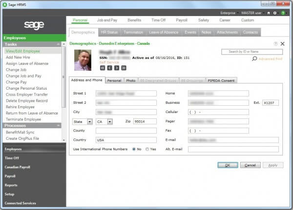 Sage HRMS Employee Profile Screen